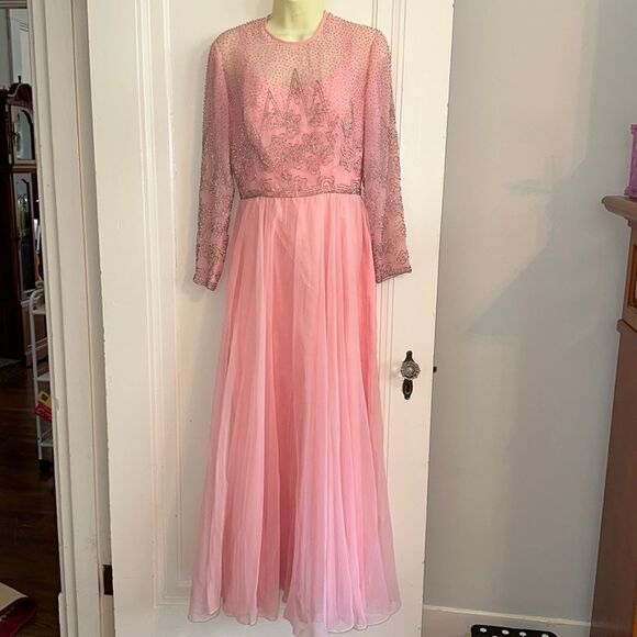 Vtg 80s Jack Bryan pink formal dressy maxi dress/silver beaded bodice & sleeves - Picture 1 of 13